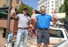 Portland Gets a Taste of Hermiston Oregon State Rep. Greg Smith, left, and Hermiston Mayor Drotzmann hand out free Hermiston potatoes at Pioneer Courthouse Square in Portland Saturday.