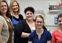 Left to right: Nursing faculty Carol Lovell, Laurie Post (program director), Andrea Bye, Jessica Humphries and Ashley Benson.