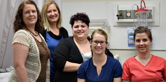 Left to right: Nursing faculty Carol Lovell, Laurie Post (program director), Andrea Bye, Jessica Humphries and Ashley Benson.